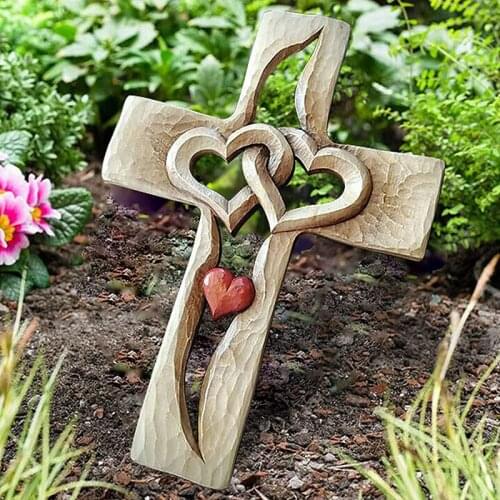 Carved Wooden Cross with Hollow Intertwined Hearts Hanging Love Couple Family Wall Decor NIN668