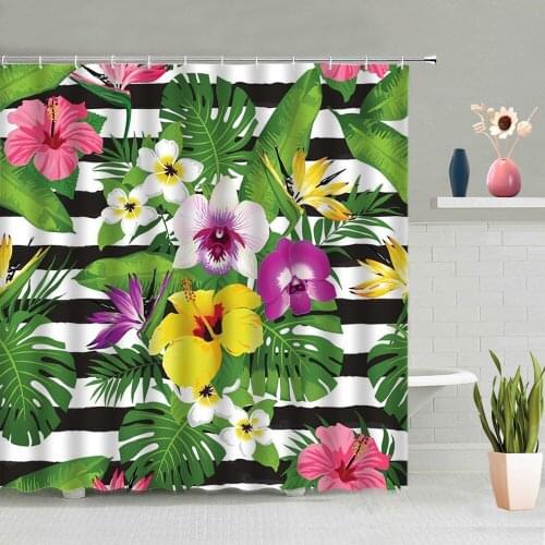 Tropical Plants Shower Curtains Green Leaves Flower Pineapple Bathroom Decoration Screen Bath Curtain Washable Hooks Home Decor