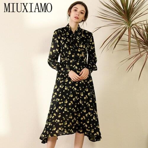 MIUXIMAO 2020 Spring Women Flower Print Dress Long Sleeve Female Casual Spring Black Dresses Elegant Bow Vestidos