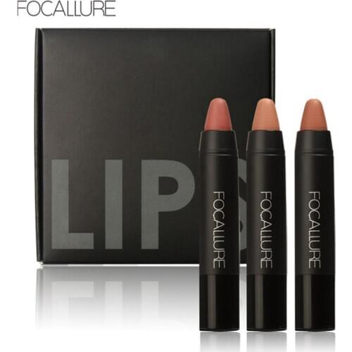 FOCALLURE 3pcs Waterproof Long-lasting Red Velvet Nude Tattoo Matte True Brown Color Pencil Lipstick Crayon Makeup Set