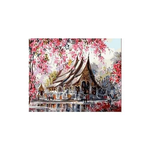 Japanese temple under the cherry blossoms landscape Set for coloring by numbers on canvas wall pictures for living room