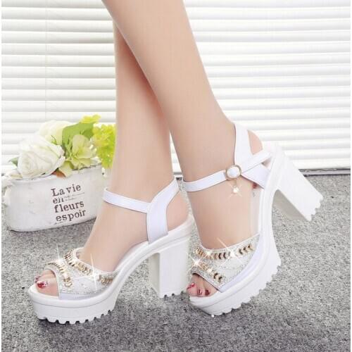 Womens sandals new waterproof platform rhinestone one-word buckle high heel sandals thick heel fish mouth sandals 2021
