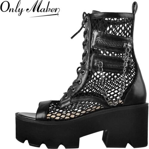 Onlymaker Summer Lace-Up Peep Toe Platform Boot Sandal Chunky High Heel Matte Black Hollow Metal Chain Zipper Decoration Fashion