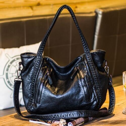 Women Black Messenger Bags Vintage Soft Pu Leather Handbag Female Casual Totes Shoulder Bag Design Zipper Ladies Bolsa Feminina