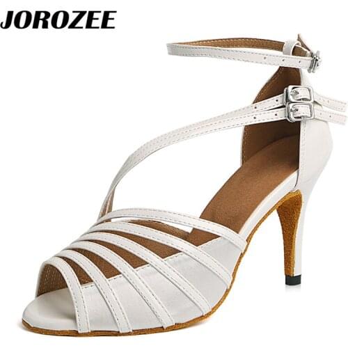 JOROZEE Latin Dance Shoes Women White Satin PU Squre Performance Ballroom Dancing Shoes High Thin Heel Soft Outsole