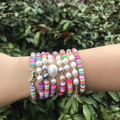 White grey silvery pearl beads boho rainbow silicon beaded cz moon hamsa charm adjustable bracelet for woman dainty daily jewels
