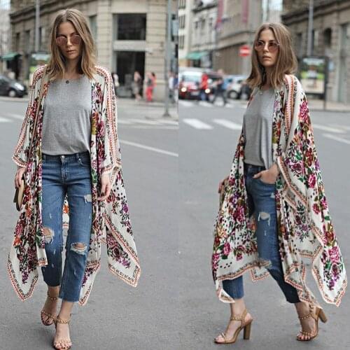 Vintage Women Floral Printed Loose Long Sleeve Shawl Kimono Cardigan Chiffon Ladies Shirt Blouse Plus Size 3XL 2018