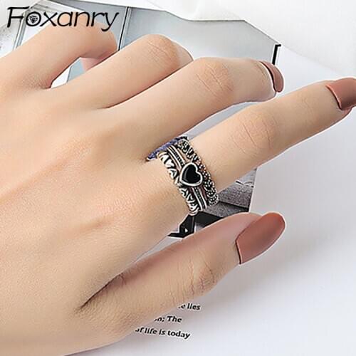 Foxanry 925 Sterling Silver Finger Rings for Women Vintage Handmade LOVE Heart Thai Silver Creative Trendy Bride Jewelry Gifts