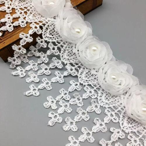 1Yard White Flower Rose Pearl Lace Trim Chiffon Tassel Ribbon Fabric Embroidered Applique Bridal Sewing Craft Dress Wedding