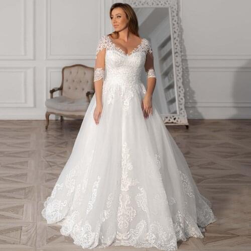 ADLN Modest Plus Size Wedding Gown Custom Made V-neck Half Sleeves Sweep Train Ball Gown Bridal Gown 2020