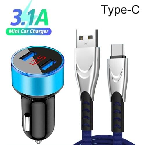 For Samsung Galaxy A12 A32 A52 A72 5G A21S A71 A51 A31 A41 Car USB Charger 3.1A Fast Charging Dual USB Charger Type-c USB Cable