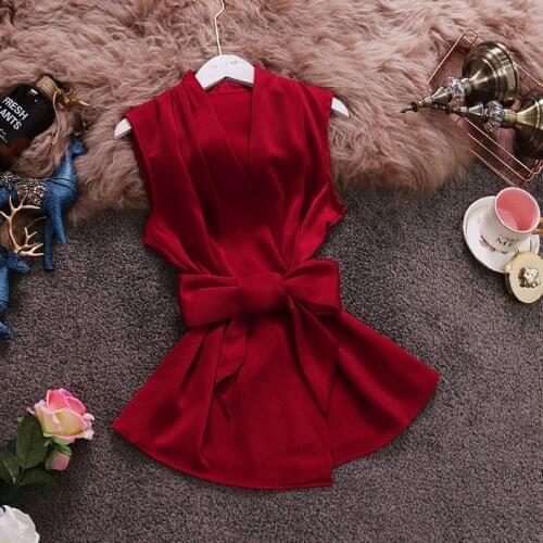 2021 Summer New Sexy Ladies Blouse V-neck Sleeveless Women Slim Bow Lace Up Waist Satin Belted Silk Top Office Shirt