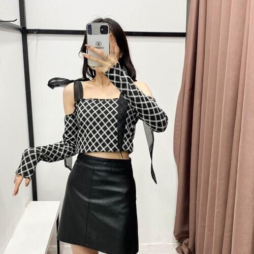 Summer Casual Korean Clothes Wommen Kawaii Fashion Crop Corset Topresilient Long Sleeve Off Shoulder T- Shirt