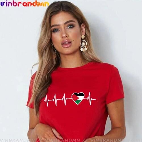 Fashion Palestinian Heartbeat T shirt I Love Palestine T shirt Palestine Flag Heart T-Shirt Women Summer Short Sleeve Tees Mujer