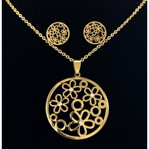 Risul fashion golden flower round charm jewelry Necklace rolo chains stainless steel nice for girl women party gift