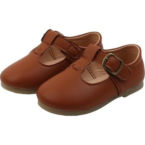 Fashion Leather Shoes For Girls Simple T-strap Kids Flats Brown Black Beige Color Children Flats Casual Soft Anti-slip 21-30 Hot