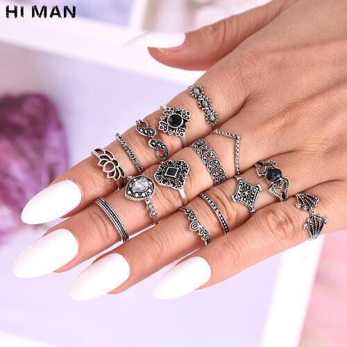 15pcs / lot Boho Vintage Hollow Lotus Sunflower Black Gem Silver Colour Joint Ring Set Wedding Party Jewelry Gift Wholesale
