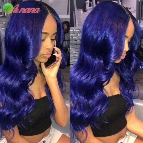 Transparent Lace Frontal Wigs 180% Density Body Wave Dark Blue Colored Human Hair Wigs Peruvian Remy Royalblue Lace Part Wig