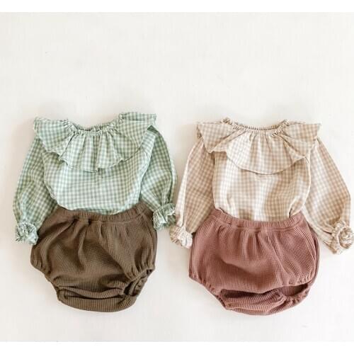 Infant Baby Girls Grid Long Sleeve Top + Bread Pants Clothing Sets New 2020 Spring Autumn Kids Girl Suit Clothes