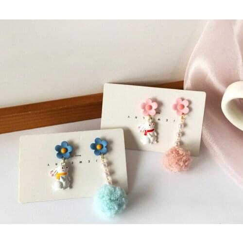S925 Needle Fresh cute Rabbit earrings beautiful asymmetric flower hair ball earrings