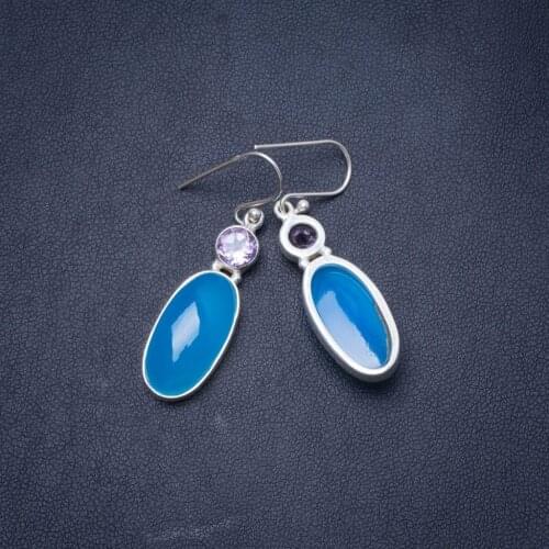 Natural Chalcedony and Amethyst Handmade Unique 925 Sterling Silver Earrings 1.5" Y1065