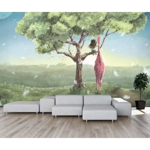 Nordic cartoon giraffe tree children room background wall