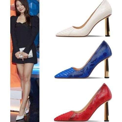 Moraima Snc Pointed Toe Woman High Heel Shoes Snake Skin Leather Party Dress Shoe Sexy Office Lady Pumps Red White Blue