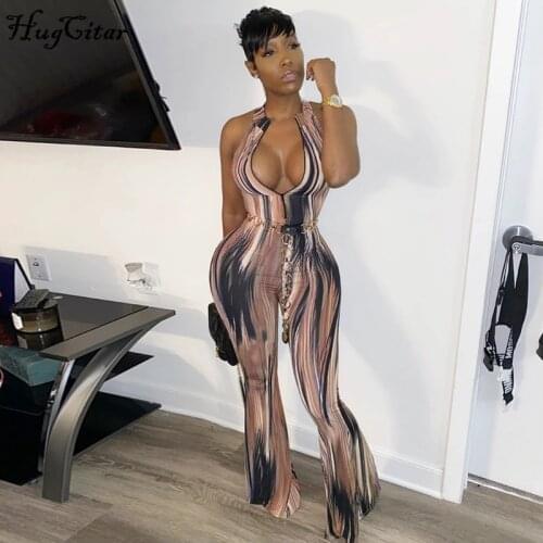 Hugcitar 2020 sleeveless print bodycon sexy jumpsuit spring women stretchy flare slim body streetwear club party outfits