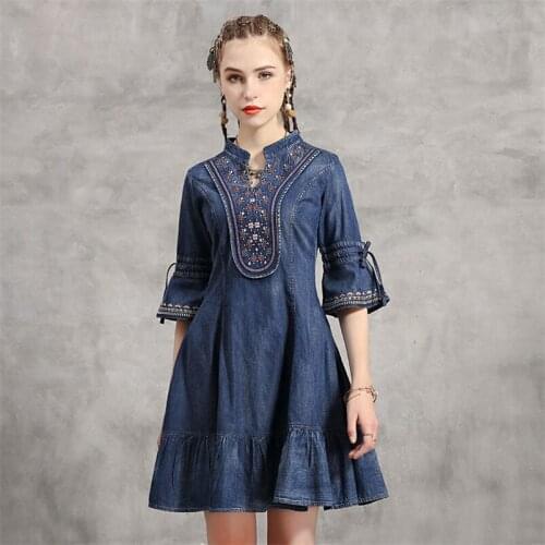 Summer Half Sleeve Women Dress 2020 Vintage Denim Embroidery Dresses Ruffles Vestidos Flare Sleeve Female Mandarin Dress 2223