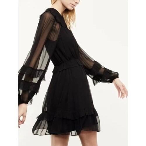 2021 Spring and Summer New Women Dress Ruffled Navy Collar Lantern Sleeve Crepe Waist Two-color Dress