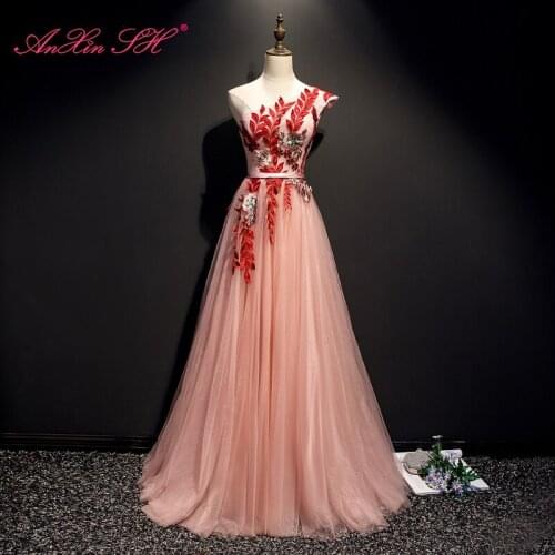 AXJFU pink lace red leaf flower evening dress vintage princess stage one shoulder a line pink host long evening dress
