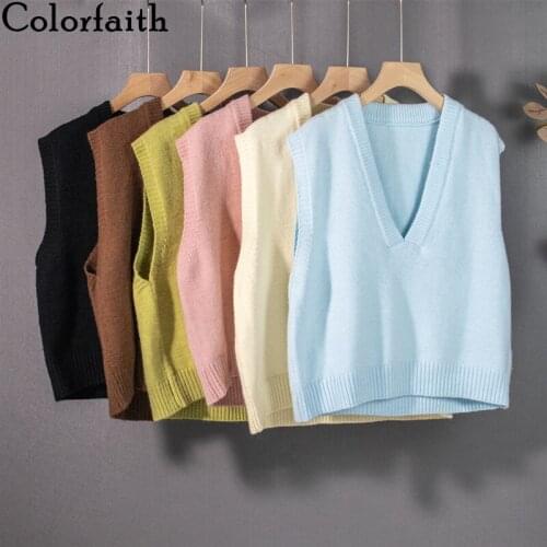 Colorfaith 2021 New Autumn Winter Women Sweater Sleeveless Vest Solid 6 Colors Waistcoat Minimalist Style Short Tops SWV1511JX