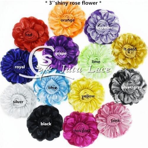 120 pcs/lot , 3'' shiny shabby rose flower for headband , apperal accessories , headband 14 colors