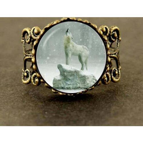 2017 Vintage Wolf Jewelry Animal Ring White Big Wolf Statement Choker Ring Moon Glass Cabochon Collares 2015