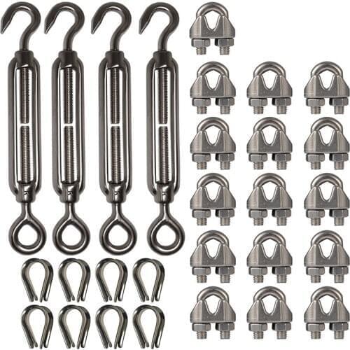 4-Pcs Turnbuckle/Tension(Eye&Hook, M6), 16-Pcs 1/8 Inch Wire Rope Cable Clip/Clamp(M3), 8-Pcs Thimble(M3), Stainless Steel Kit