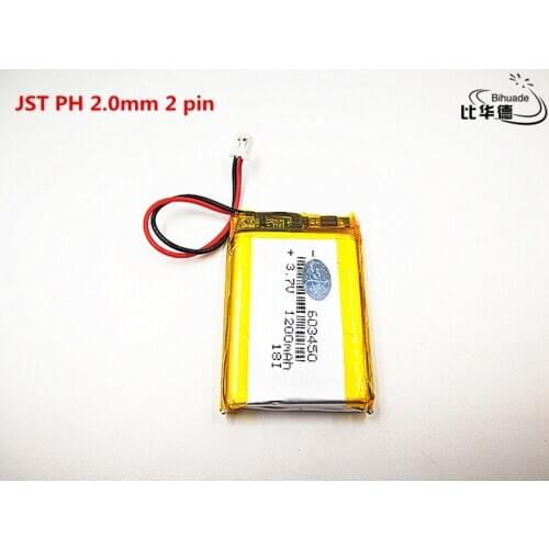 5pcs/lot JST PH 2.0mm 2 pi Good Qulity 3.7V,1200mAH,603450 Polymer lithium ion / Li-ion battery for TOY,POWER BANK,GPS,mp3,mp4