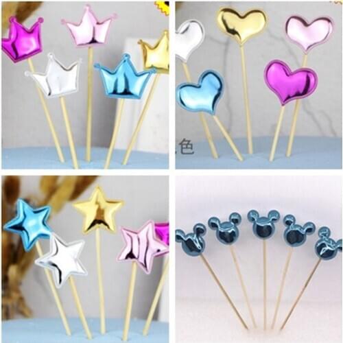5Pcs Cake Toppers Lovely Heart Star Crown Silver Glitter Personalized Cupcake Topper Wedding Birthday Party Cake Decorations