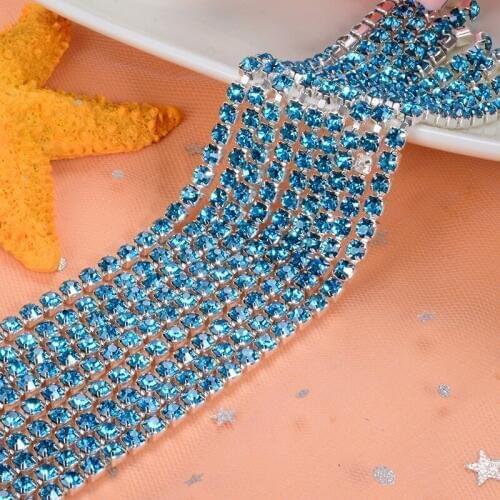 5yard/piece Turquoise blue Glass Crystal sew on rhinestones Chain silvery bottom Diy Clothing accessories SIJISHUIZUAN