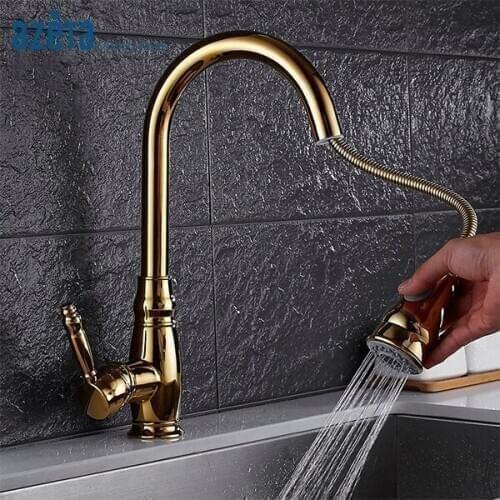 Azeta Golden Pull Out Kitchen Faucet 360 Degree Rotation Torneira Cozinha Deck Mounted Hot Cold Water Kitchen Sink Tap AT7618G