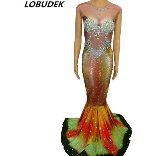 Sparkly Pearls Rhinestones Fishtail Long Dress Blue Trailing Dress Color Customized Nightclub Bar Party Role Performance Costume