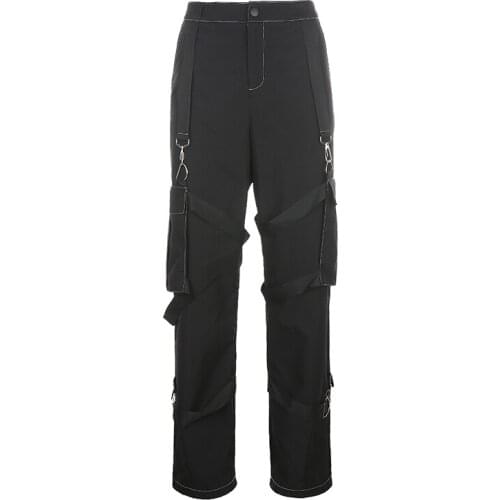 Streetwear High Waist Black Cargo Pants Women Plus Size Ribbon Punk Wide Leg Pants Gothic Pockets Trousers Joggers Female 396