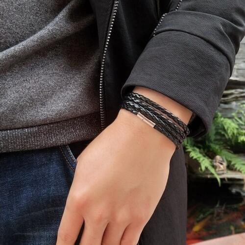 Black Retro Wrap Long Leather Bracelet Men Bangles Fashion White, Brown, Khaki, Blue, Sproty Chain Link Male Charm Bracelet