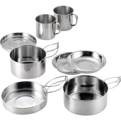 8PCS/Set Stainless Steel Camping Cookware Frying Pan Cup Large Pot Plate Outdoor Portable Bowls For Cooking Food Welcoming