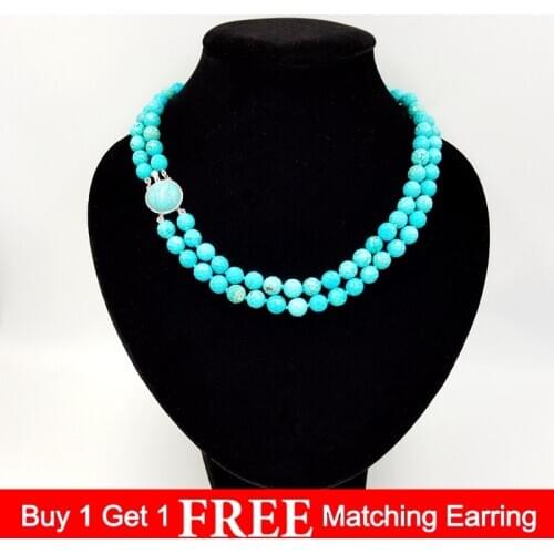 LiiJi Unique Natural Turquoises 8mm Faceted Beads double strand Turquoises Stone Clasp Fashion Necklace 18