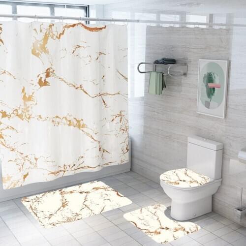 Marble Print Shower Curtain Fabric Polyester Stripes Printing Bathroom Curtain Non-Slip Rug Toilet Seat Cover Mat Set