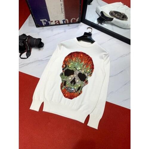 Plus Size 5XL Knitted Mens Sweater Skull Exaggerated Street Night Market Diamond Brand Winter and Autumn Pullover