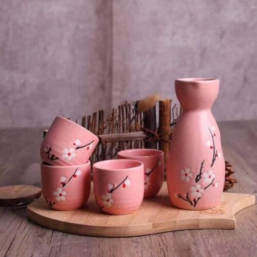 5-Piece Wine Set Ceramic Japanese Style Sake Drinkware 16 Pattern Maneki Neko Sakura Lucky Cat Wine Drinking Cup Bottle
