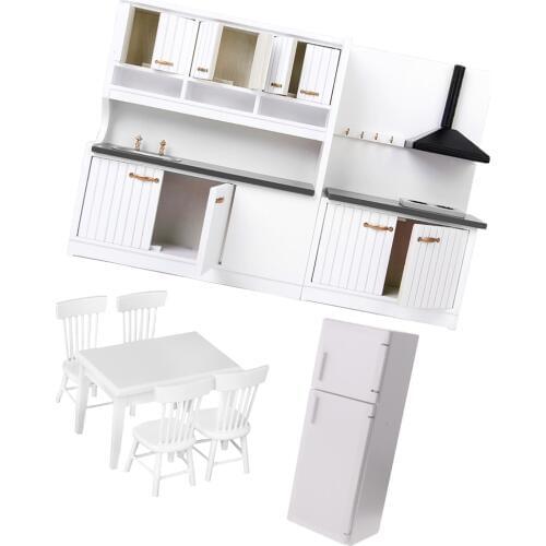 1/12 Dollhouse Miniature Wood Kitchen Furniture Set Fridge Table Chair Model