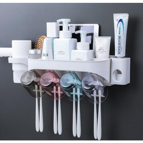 The New Wall-mounted Nail-free Toothbrush Holder with Automatic Toothpaste Squeezer Hair Dryer Rack Bathroom Wash Set