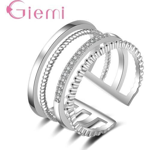 New Fashionable Solid 925 Sterling Silver Opening Finger Rings For Women Ladies Shiny Clear Crystal Cubic Zirconia Jewelry